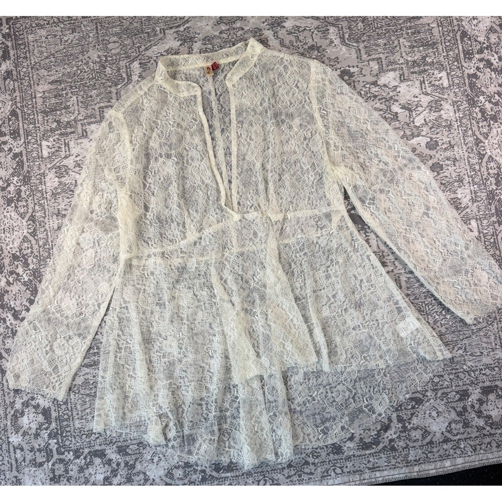 Seven7 Top Womens 18/20 Lace Sheer Blouse Deep V Neck Long Sleeve Floral Ivory